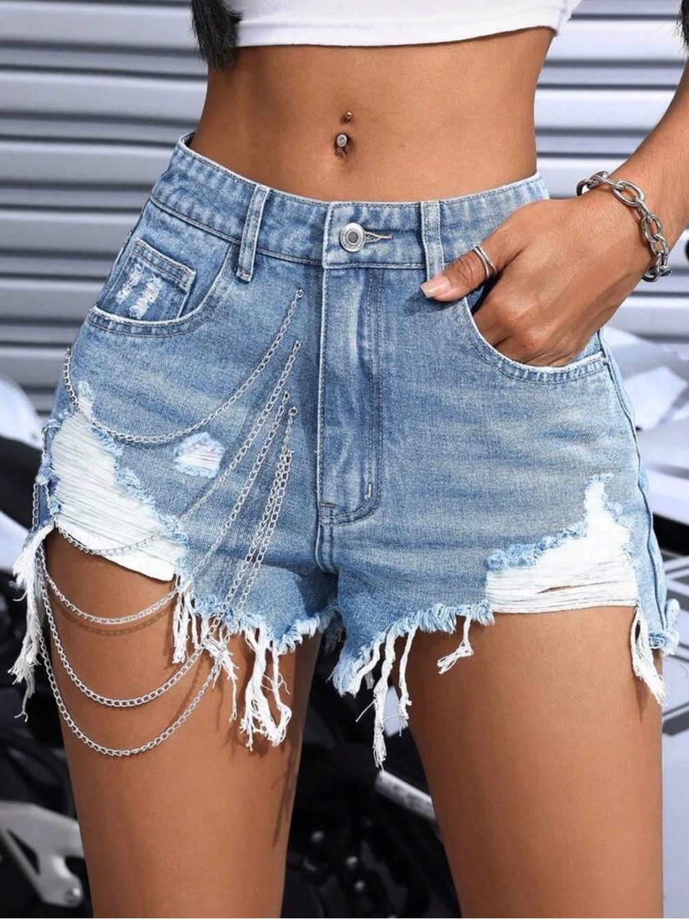 Distressed Light Blue Denim Chain-Accent Women's Shorts